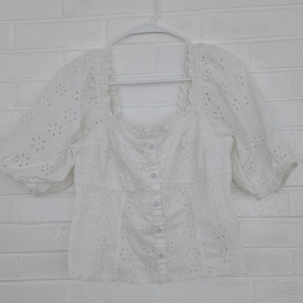 GAP White Floral Eyelet Puff Sleeve Square Neck Blouse Women's Size L